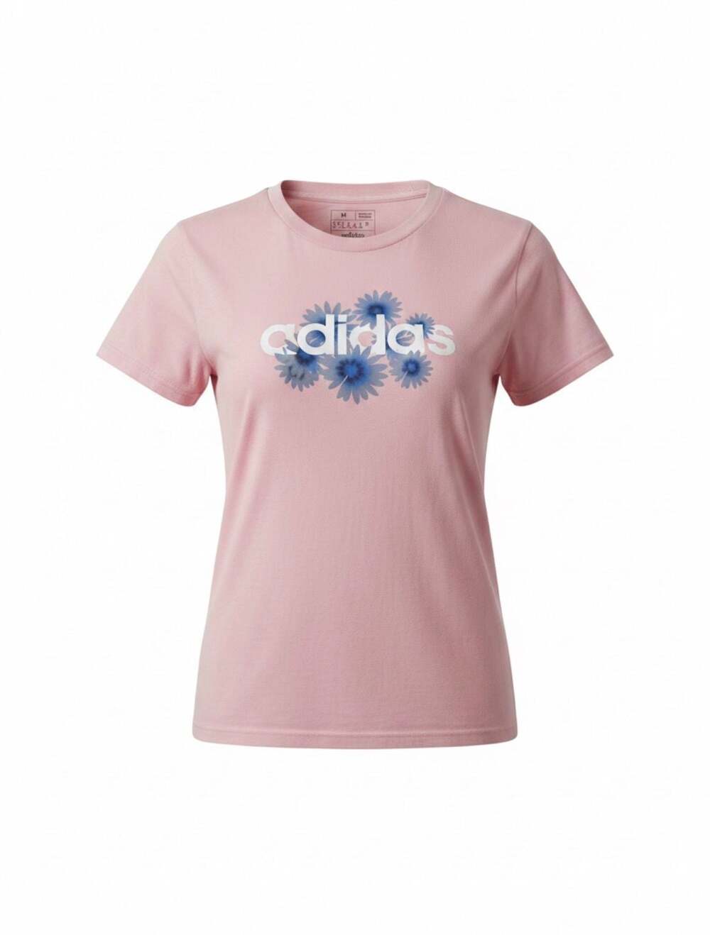 Adidas Women's Pink T-Shirt with Blue Daisy Floral Logo Graphic Size Medium